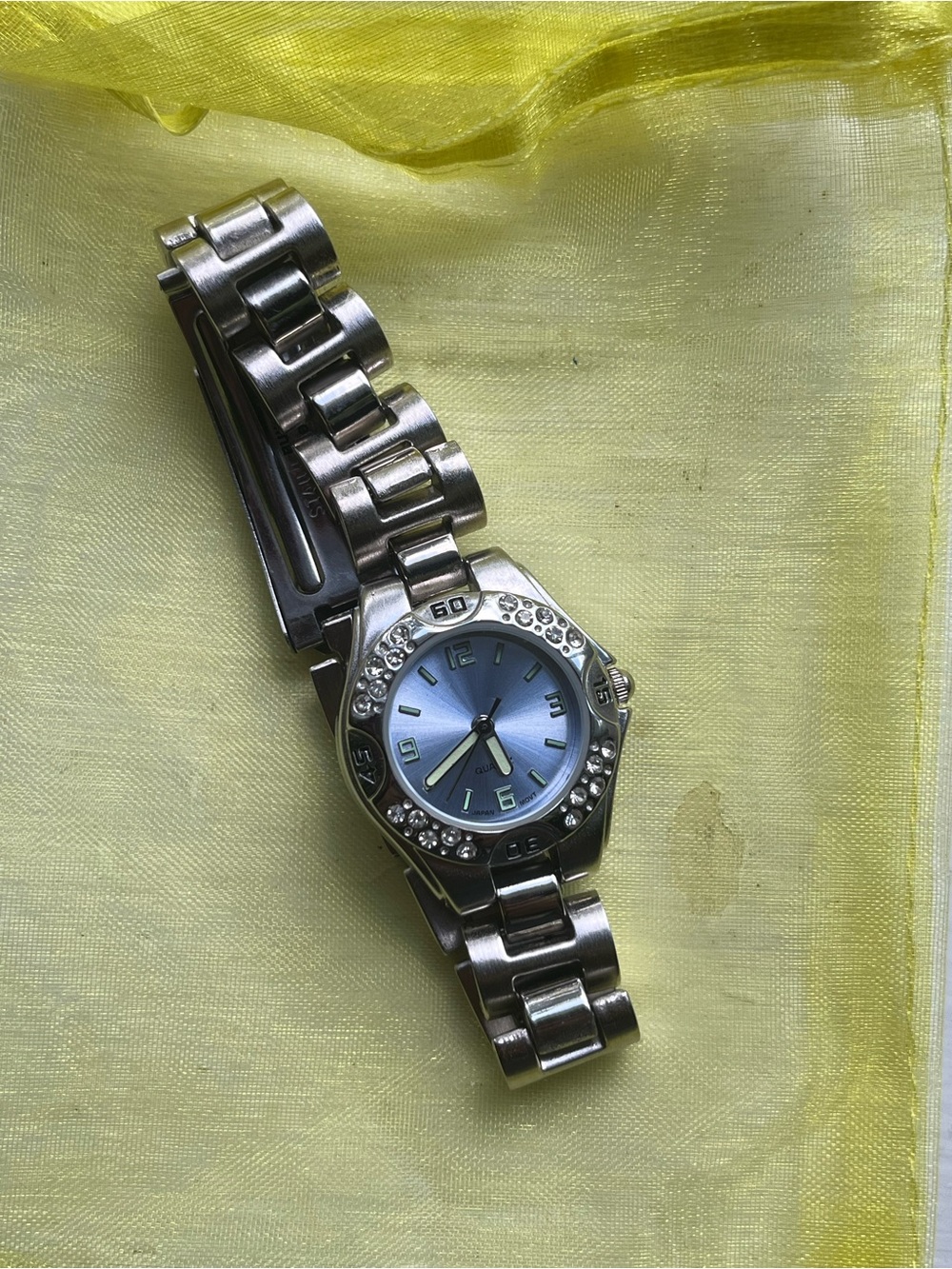 Women's Silver Stainless Steel Bracelet Watch with Blue Dial and Crystal Accents